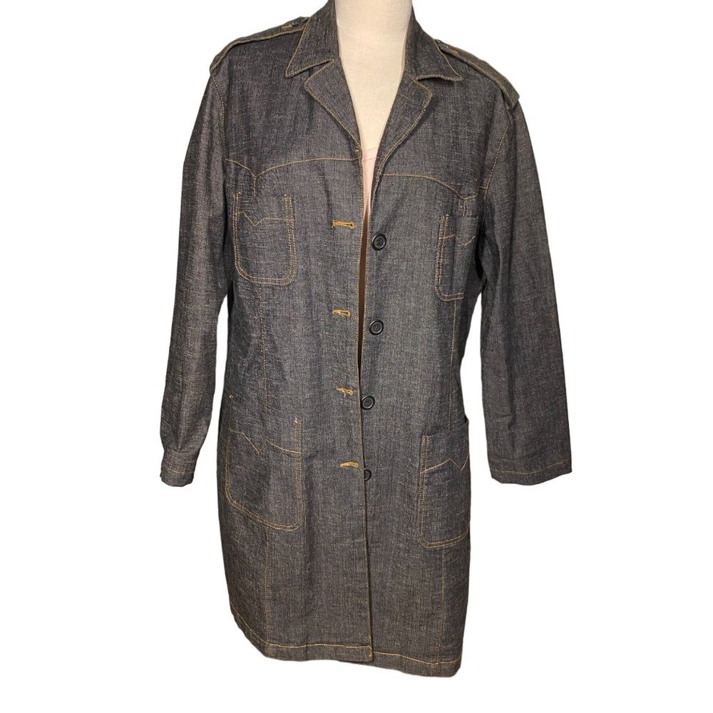 vintage Navi denim blue jean long jacket slit in back cotton lycra women's 2XL
